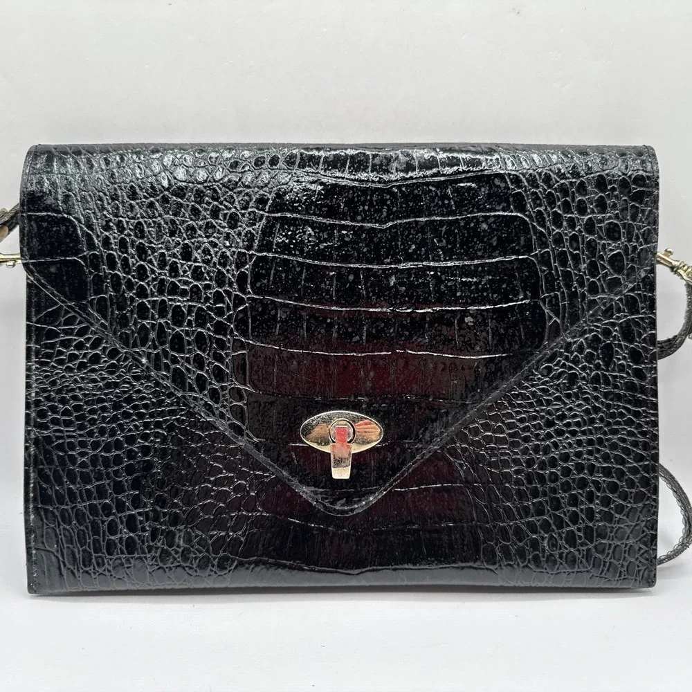 Vintage Black Leather Alligator Clutch Removable Strap Tradwife Costume Cocktail